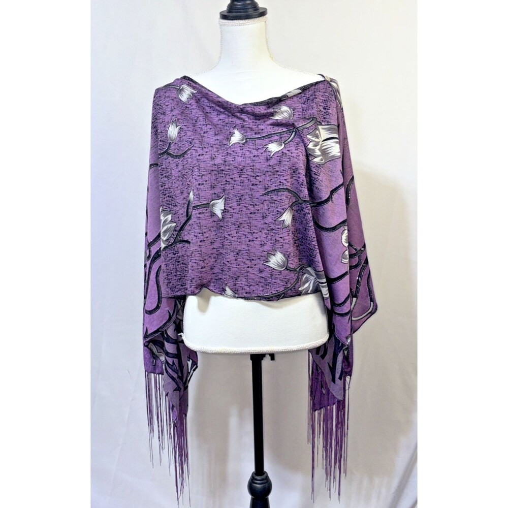 Purple Floral Burn Out Fringe Boho Scarf/Cape 40 X 70 Lagenlook